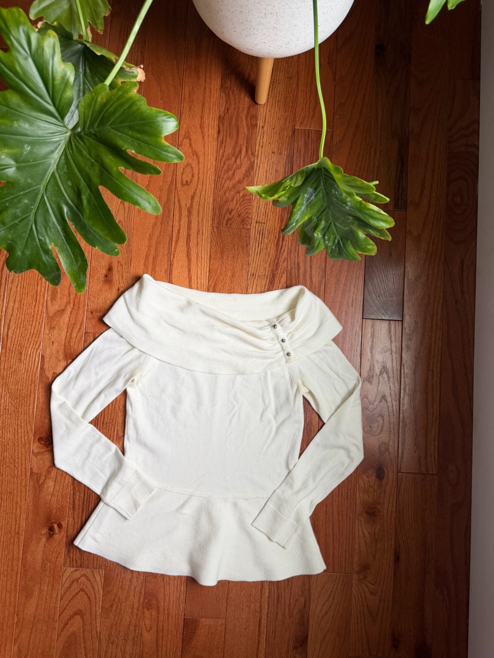 White House Black Market Off-Shoulder Ivory Knit Sweater with Button Detail
